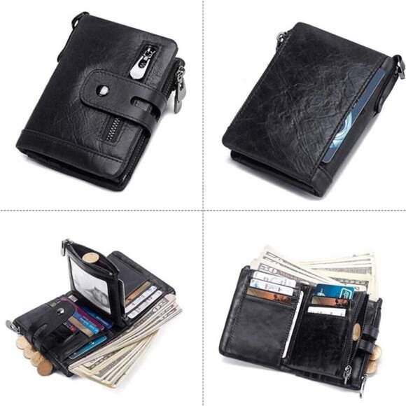 Genuine Leather Bifold Purse for Men with ID Window and Zip Coin Pocket - Picture 5 of 7